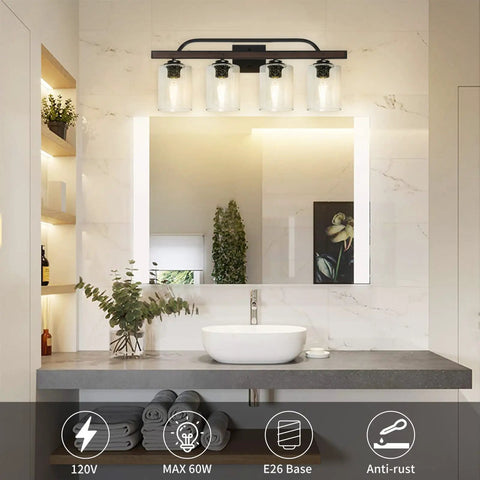 Farmhouse 4 Light Vanity Fixtures With Seeded Glass Shades above bathroom mirror, industrial wall sconces, E26 base visible