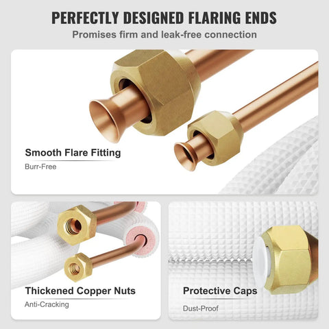 Fifty Foot Copper Line Set For Mini Split Air Conditioner And Heat Pump, Includes Three Eighths Inch And One Quarter Inch OD Pipes