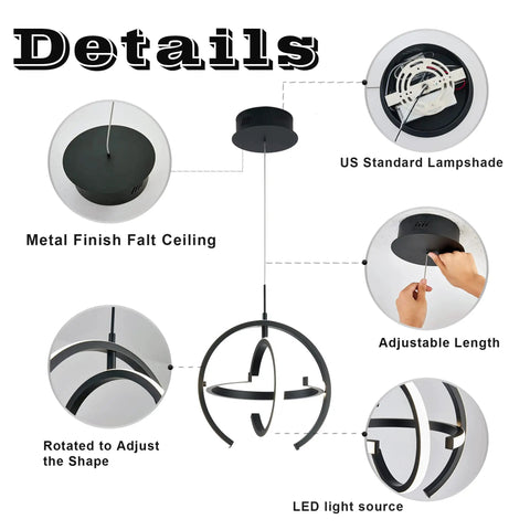 Details of Matte Black Pendant Light Fixture For Kitchen Island LED Chandelier, showing components and adjustable features.