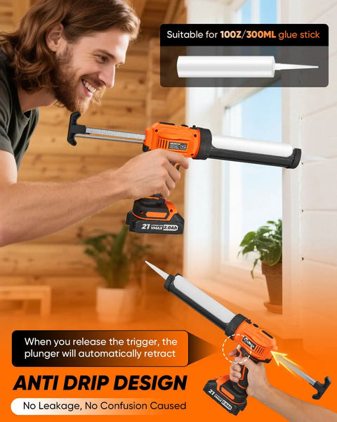 Person using Cordless Caulking Gun Drip Free With LED Light, 4 Speed Settings, 10oz 300ml Cartridge, Caulking Tool.