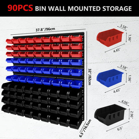 90 Piece Wall Mounted Plastic Storage Bins Organizer For Screws Nuts Bolts Nails Beads And Small Hardware Parts In Garage Or Shop Durable Multi Section Rack In Red Blue And Black