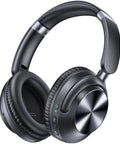 Hybrid Active Noise Cancelling Wireless Over Ear Headphones With 100 Hour Battery Life Fast Charging Bluetooth Crystal Clear Hi Resolution Audio Comfortable Earcups Travel Ready For Home Office PC Phone Black shown at an angle.