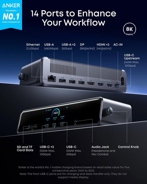 Prime Docking Station With Fourteen Ports For A Slick Triple 4K 60Hz Setup With DisplayLink 140W Max Power Delivery