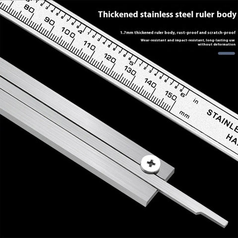 Steel Solar Digital Calipers 150mm Ranges High Accuracy Measurement Tool with Small Case for Industrial Applications Solar Battery Calipers for Woodworking Projects showing a thickened stainless steel ruler with clear measurements.