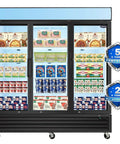 Rock Solid 70 Cu Ft Commercial Glass Door Freezer displaying frozen goods and ice cream in illuminated interior.