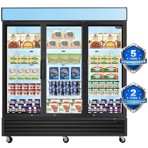 Rock Solid 70 Cu Ft Commercial Glass Door Freezer displaying frozen goods and ice cream in illuminated interior.