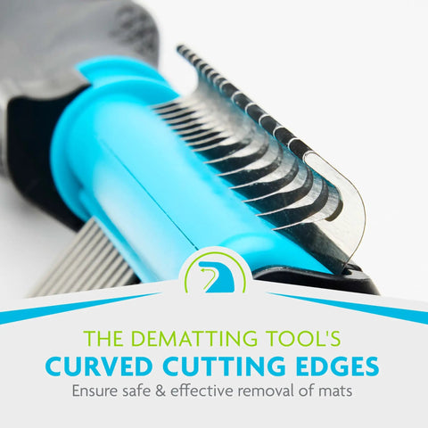 Close-up of 2-In-1 Dematting Grooming Tool For Dogs Prone To Matting With Built-In Finishing Comb Dual-Width Blades On Each Side And Curved Edges For Effortless Detangling Tangles And Smooth Fur.