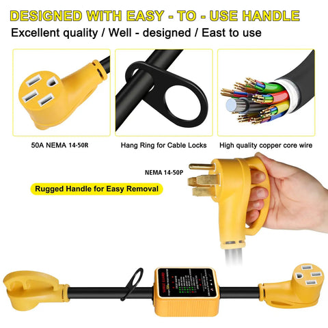 RV Surge Protector 50 Amp With 5000 Joules Surge Protection Voltage Monitor And Circuit Analyzer with easy grip handle shown