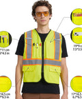 Level Up Your Road Ready Look With This Dope Yellow Hi Viz Safety Vest Featuring Bold Retro Reflective Stripes And Comfortable Unisex Fit For Day Or Night Shifts, showcasing pockets and measurements.