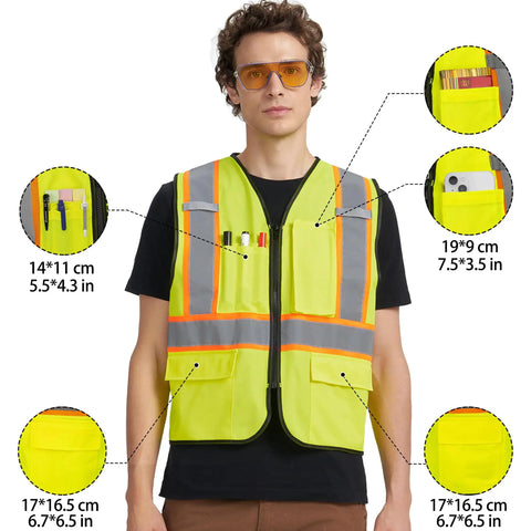 Level Up Your Road Ready Look With This Dope Yellow Hi Viz Safety Vest Featuring Bold Retro Reflective Stripes And Comfortable Unisex Fit For Day Or Night Shifts, showcasing pockets and measurements.