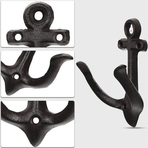 Nautical Sea Anchor Wall Hooks Set Of Four Cast Iron Vintage Coat Rack Heavy Duty Hangers For Bathroom Hallway Rustic Farmhouse Home Decor Built Different With Mounting Screws Black close-up of single black cast iron hook with mounting hole