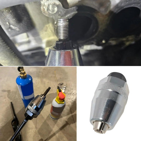 Damaged Bolt And Stud Extractor Tool grips 1/4-1/2 inch studs for auto machinery, shown installed and separately, uses 3/8 inch drive