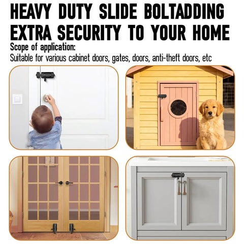 Heavy Duty 2 Piece Black 4 Inch Slide Bolt Gate Latch Kit With Smooth Operation crafted from hardcore 304 stainless steel on various doors.
