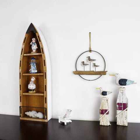 Wooden Boat Shelf With Three Shelves For Beachy Nautical Decor Free Standing Coastal Wall Display Ship Shape Bookcase Rustic