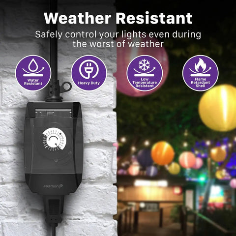 Outdoor Light Timer Outlet Waterproof 24 Hour Mechanical Plug In Weatherproof 3 Prong Grounded Heavy Duty 15 Amp One Half Horsepower