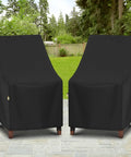 Two Pack High Back Patio Chair Covers Waterproof Weatherproof For Stackable Dining Chairs And Lounge Or Swivel Seats Fits Up To 25W X 28D X 42H With Storage Bag Backyard Ready, covering two chairs on a patio.