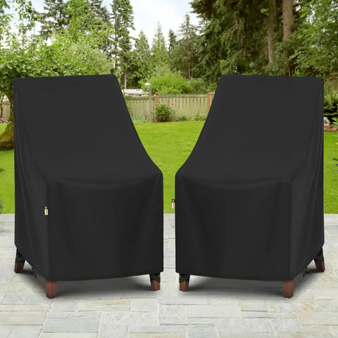 Two Pack High Back Patio Chair Covers Waterproof Weatherproof For Stackable Dining Chairs And Lounge Or Swivel Seats Fits Up To 25W X 28D X 42H With Storage Bag Backyard Ready, covering two chairs on a patio.