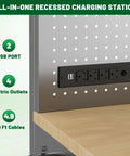 Close-up of power strip on 72 Inch Heavy Duty Tool Chest And Rolling Workbench With 15 Drawers, Wheels, Three Upper Cabinets, Pegboard.