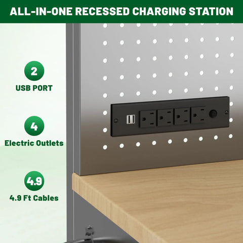 Close-up of power strip on 72 Inch Heavy Duty Tool Chest And Rolling Workbench With 15 Drawers, Wheels, Three Upper Cabinets, Pegboard.