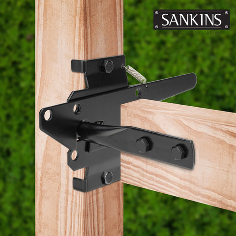 Beefy Self Locking Gate Latch For Wood And PVC Fences, Heavy Duty Post Mount with Gravity Release on a wooden post