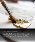 Metal leaf adhesive being brushed onto a gold foil sheet; visible gold leaf fragments; S logo in top-right corner.