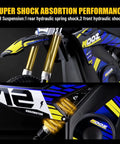 Electric Dirt Bike for Kids 1000W 36V Youth Motocross with 3 Speed Modes Up to 18 MPH, showing dual suspension and blue design.