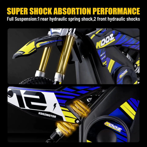 Electric Dirt Bike for Kids 1000W 36V Youth Motocross with 3 Speed Modes Up to 18 MPH, showing dual suspension and blue design.