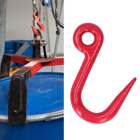 Red heavy duty alloy steel eye lifting hook with safe grab design, 1 ton capacity, in use on crane for factories and construction.