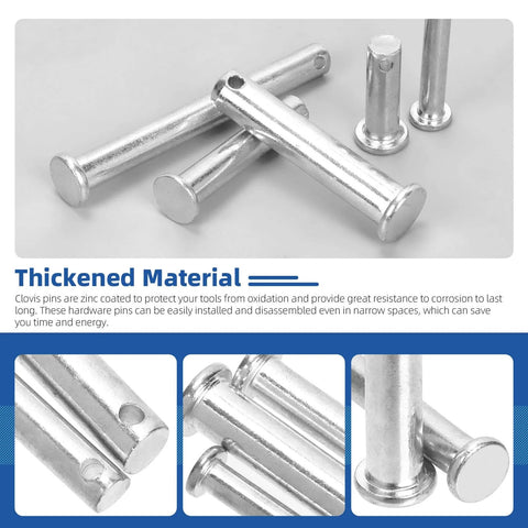 51-Piece Clevis Pins Set With 18 Sizes flat head zinc pins shown in close-up, highlighting single hole design and white zinc finish.
