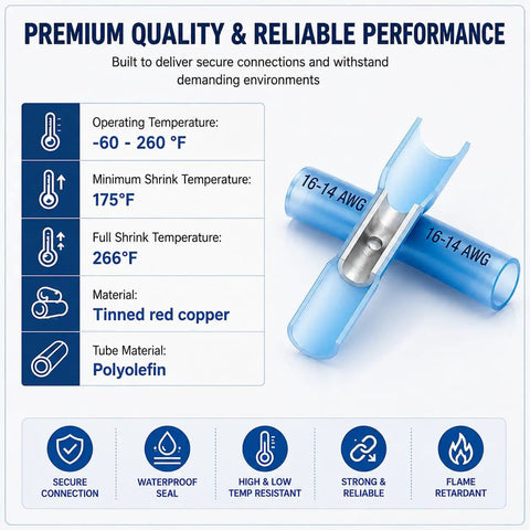 Heavy Duty Heat Shrink Butt Connectors Waterproof Marine Grade Wire Connector Kit features tinned copper, polyolefin, and detailed temperature specs.