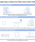 Illustration of three methods to fluff pillow inserts using dryer, sun, and kneading techniques.