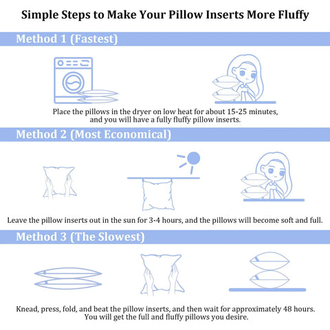 Illustration of three methods to fluff pillow inserts using dryer, sun, and kneading techniques.