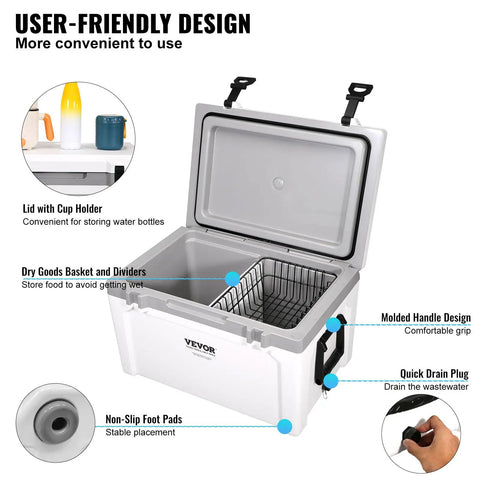 Ultra Light Hard Cooler 52 Qt With Heavy Duty Handle Keeps Ice For Up To Six Days Ideal Ice Chest For Camping Road Trips And Outdoor Adventures 30 Percent Lighter Than Rotomolded Coolers with open lid and visible compartments.