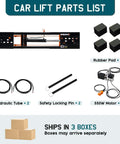 Car lift parts list including hydraulic tubes, safety locking pins, rubber pads, and a 550W motor. Heavy Duty Portable Car Lift For Home Garage Shop With Hella Tough Carbon Steel Construction And Dual Safety Locks Easily Raises Sedans And Light Trucks Up To Five Thousand Pounds Smoothly.