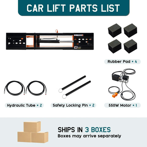 Car lift parts list including hydraulic tubes, safety locking pins, rubber pads, and a 550W motor. Heavy Duty Portable Car Lift For Home Garage Shop With Hella Tough Carbon Steel Construction And Dual Safety Locks Easily Raises Sedans And Light Trucks Up To Five Thousand Pounds Smoothly.