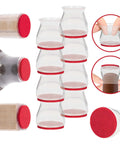 Ruby Sliders Chair Leg Covers For Furniture Protect Hardwood And Tile Floors From Scratches Fits Most Leg Sizes And Shapes Easy On And Off Sliders 8 Pack Red Means Theyre Authentic And Built To Last shown in clear with red bottoms and demonstrated on various furniture legs.