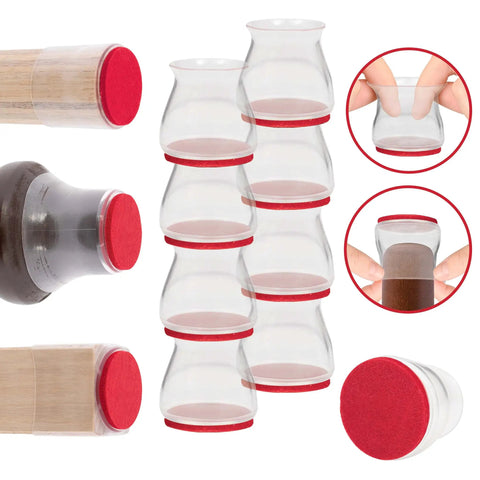 Ruby Sliders Chair Leg Covers For Furniture Protect Hardwood And Tile Floors From Scratches Fits Most Leg Sizes And Shapes Easy On And Off Sliders 8 Pack Red Means Theyre Authentic And Built To Last shown in clear with red bottoms and demonstrated on various furniture legs.
