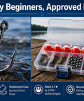 Beginner Fishing Tackle Kit 80 Pcs With Hooks Bobbers Sinkers Circle Octopus Hooks Starter Set and compact 8 grid case.
