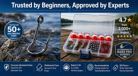 Beginner Fishing Tackle Kit 80 Pcs With Hooks Bobbers Sinkers Circle Octopus Hooks Starter Set and compact 8 grid case.