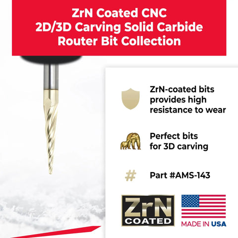 Heavy Duty Solid Carbide Up Cut Spiral Tapered Cnc Router Bits Set Smashes Through Wood And Aluminum Like Butter For Precision 2D 3D Carving With ZrN Heat Resistant Coating 18 Piece Pro Kit Takes 1 8 And 1 4 Shank - ZrN coated bit for 2D/3D carving with high wear resistance