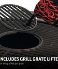 Kamado-Style Portable Charcoal Grill And Smoker With Locking Lid, Cast Iron Grates, 155 Cooking Square Inches, grill grate lifter shown