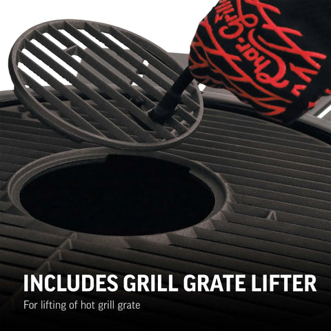 Kamado-Style Portable Charcoal Grill And Smoker With Locking Lid, Cast Iron Grates, 155 Cooking Square Inches, grill grate lifter shown