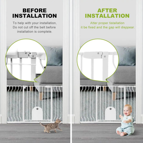 Auto Close Baby Gate With Cat Door before and after installation, showing gap adjustments and secure setup with pet door