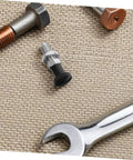 Built Damn Tough Stainless Steel Self Locking Indexing Plunger With Slick Spring Return Knob among screws and a wrench on fabric.
