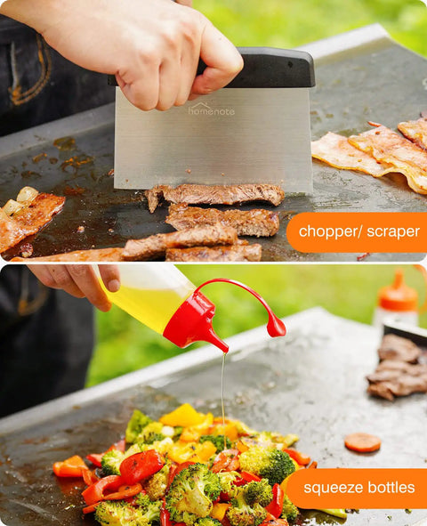 Heavy Duty Griddle Gear Kit Eight Piece Spatula Set showing a chopper/scraper at work and squeeze bottle on flat top grill