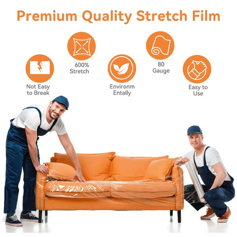 Heavy Duty Stretch Wrap Roll 18 Inch Width X 1500 Feet Long Four Pack 80 Gauge Film 600 Percent Stretch Zero Sticky Residue Super Grippy On Furniture And Boxes Locks Down Cargo Smoothly With Zero Hassle