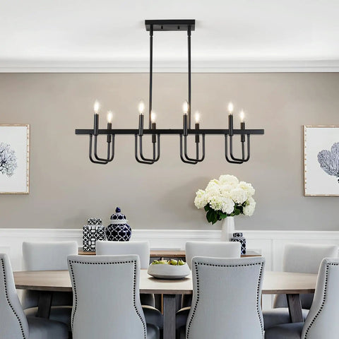 8 Light Black Rectangular Farmhouse Chandelier For Dining Room And Kitchen Island Modern Linear Pendant Light Over Table