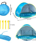 Pop Up Baby Beach Tent Shade Lounge With Auto Open Portable Sun Shelter For Infants Under Three UV 50 Plus Protection Pool And Sand Play Area Ideal For Family Beach Trips, featuring dimensions and accessories.