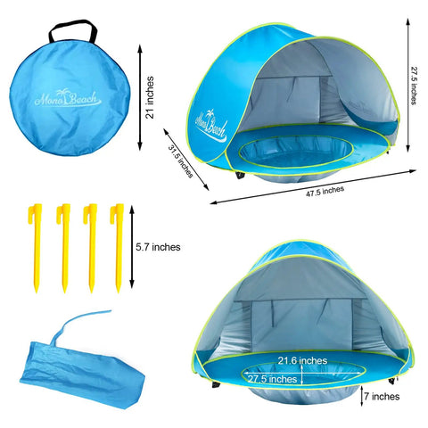 Pop Up Baby Beach Tent Shade Lounge With Auto Open Portable Sun Shelter For Infants Under Three UV 50 Plus Protection Pool And Sand Play Area Ideal For Family Beach Trips, featuring dimensions and accessories.