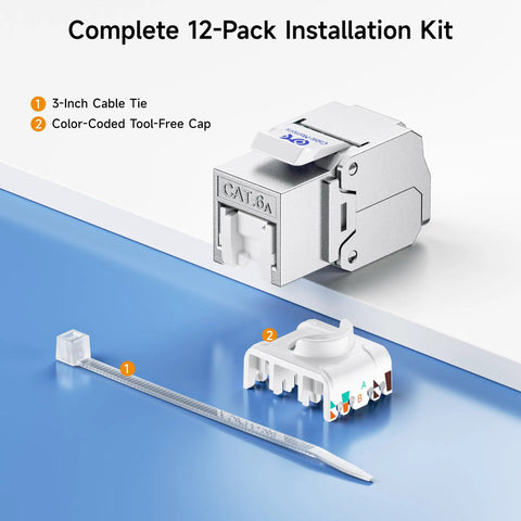 Shielded Cat6A Keystone Jacks With Integrated Shutter, 12-Pack RJ45 Ethernet Jacks shown with cable tie and color-coded cap